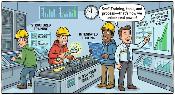 Team working together with structured training, integrated tooling, and refined processes showing step-change improvements
